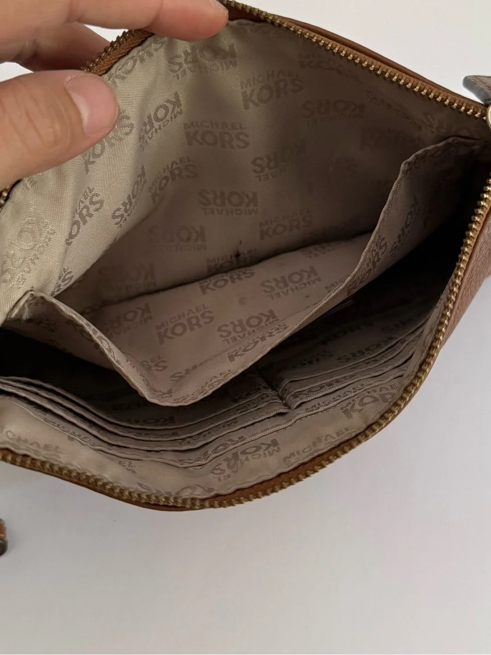 Michael Kors Chestnut Brown Leather Wristlet with Gold MK Logo